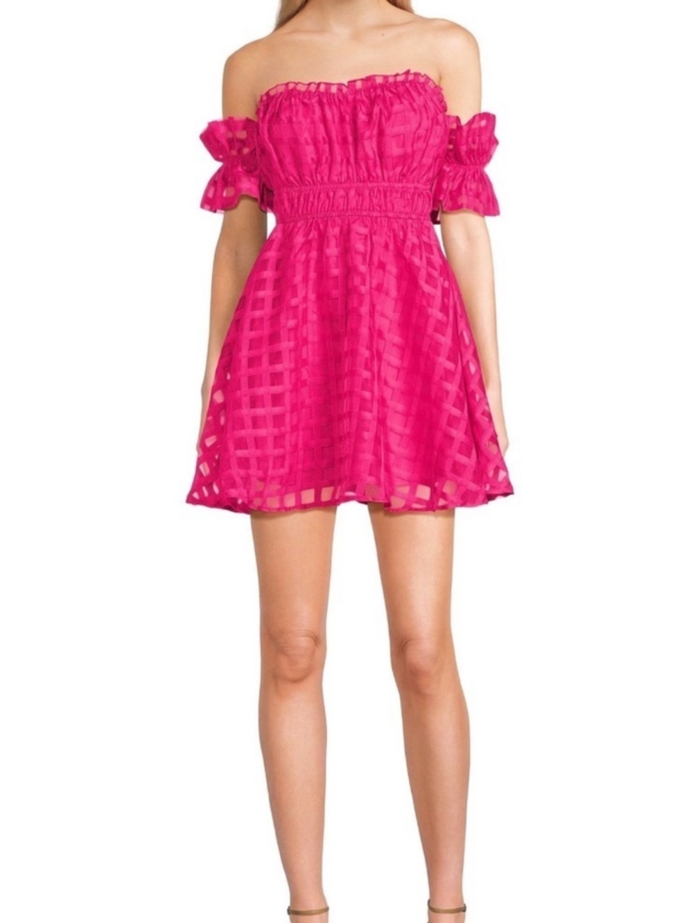 allison & kelly - juniors fuchsia checkered print off-shoulder puff dress
